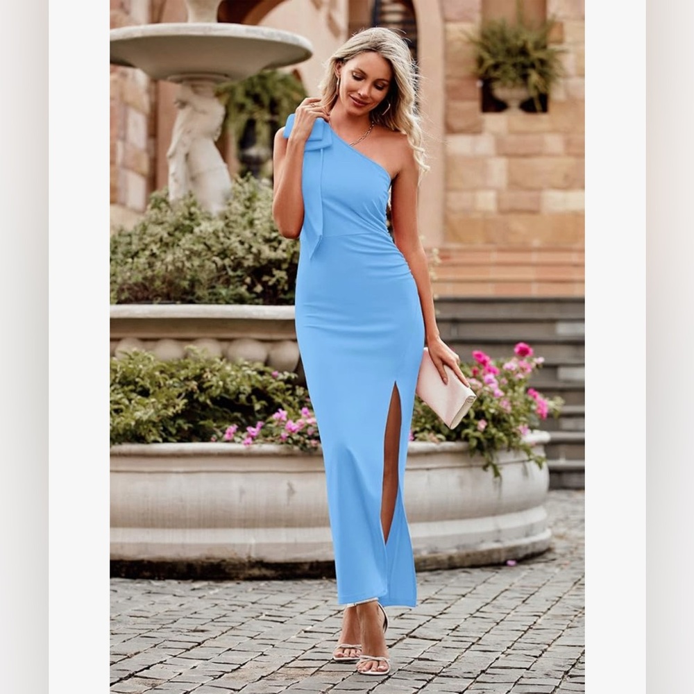 Elegant Blue One-Shoulder Dress - Picture 2 of 4